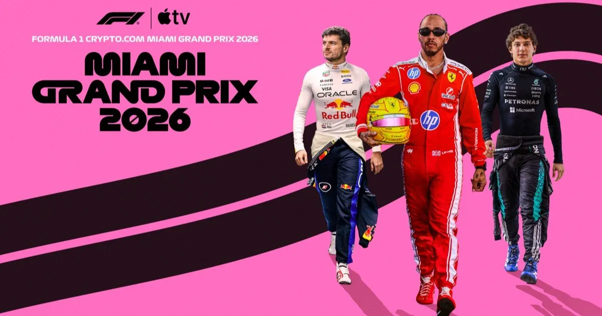 Formula One race cars navigate the Miami International Autodrome track during the Miami Grand Prix.