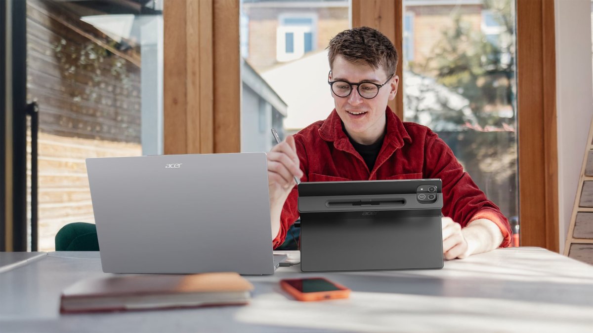 Acer tablets and gaming peripherals are arranged on a display table at Computex 2026.
