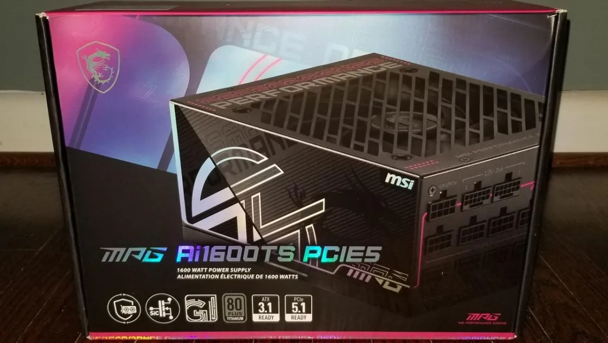 The MSI MPG Ai1600TS power supply unit showcases the GPU Safeguard+ system designed to prevent 16-pin connector overheating.