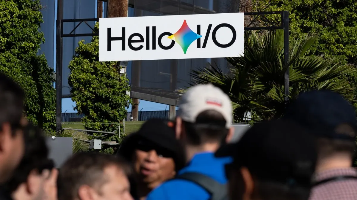 Google I/O 2026 keynote stage presentation covering AI tools, search updates, and hardware.