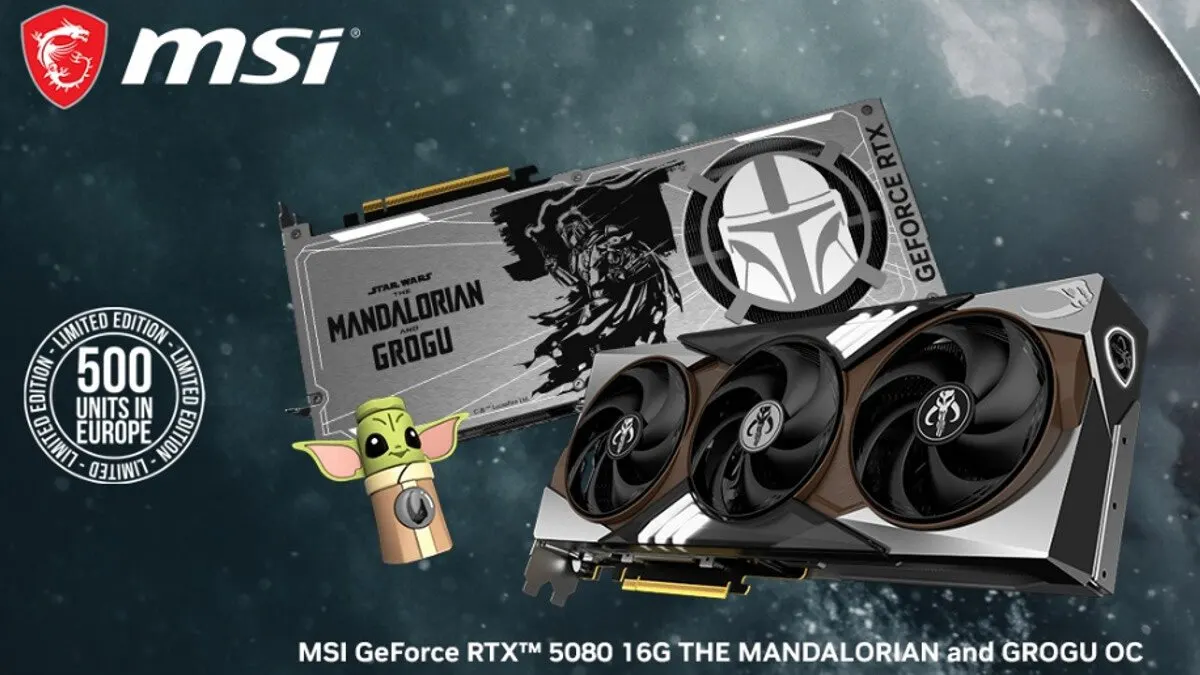The graphics card features an MSI GeForce RTX 5080 design with a Star Wars themed cooling shroud and custom components.