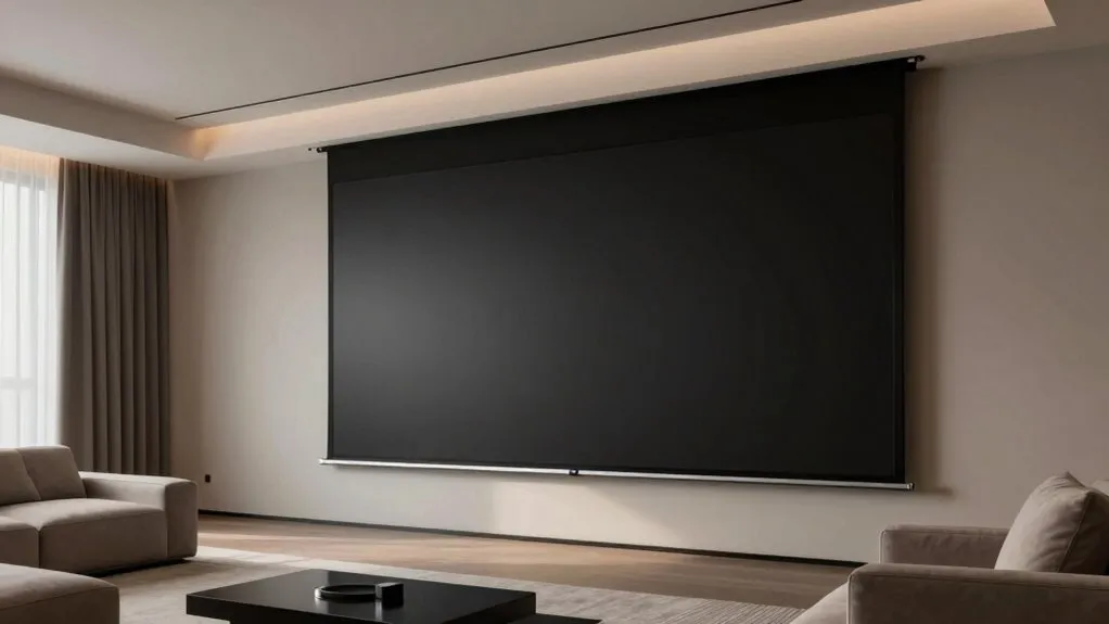 A motorized projection screen extends in a home theater, revealing its compact housing and taut surface.
