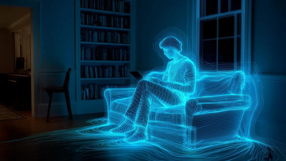 The diagram shows how Wi-Fi beamforming signals detect human movement through standard routers.