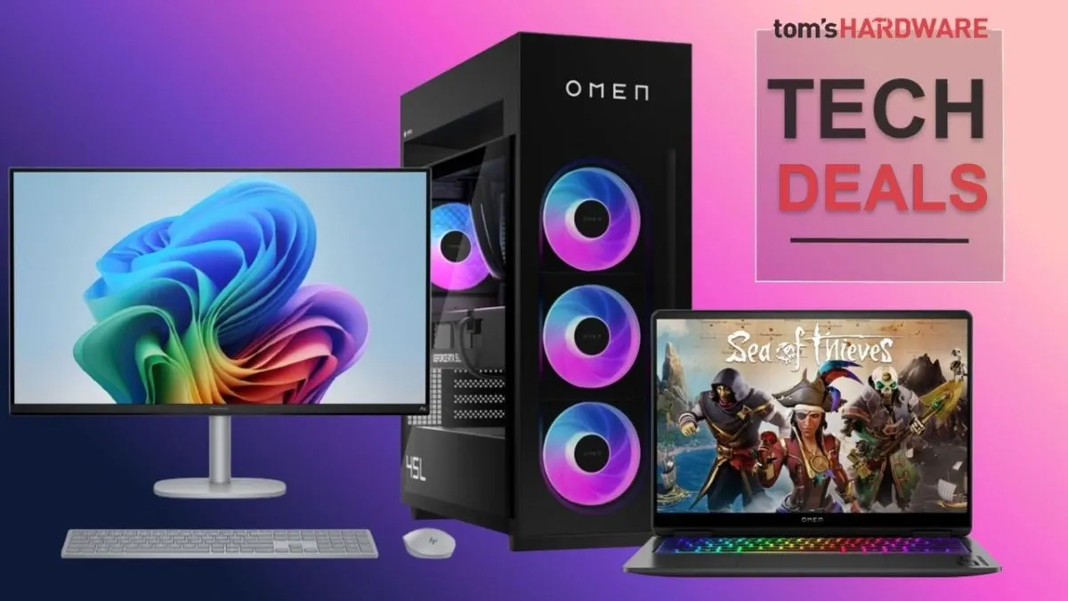 The display features HP gaming desktops, laptops, monitors, and peripheral accessories for a Memorial Day sale.