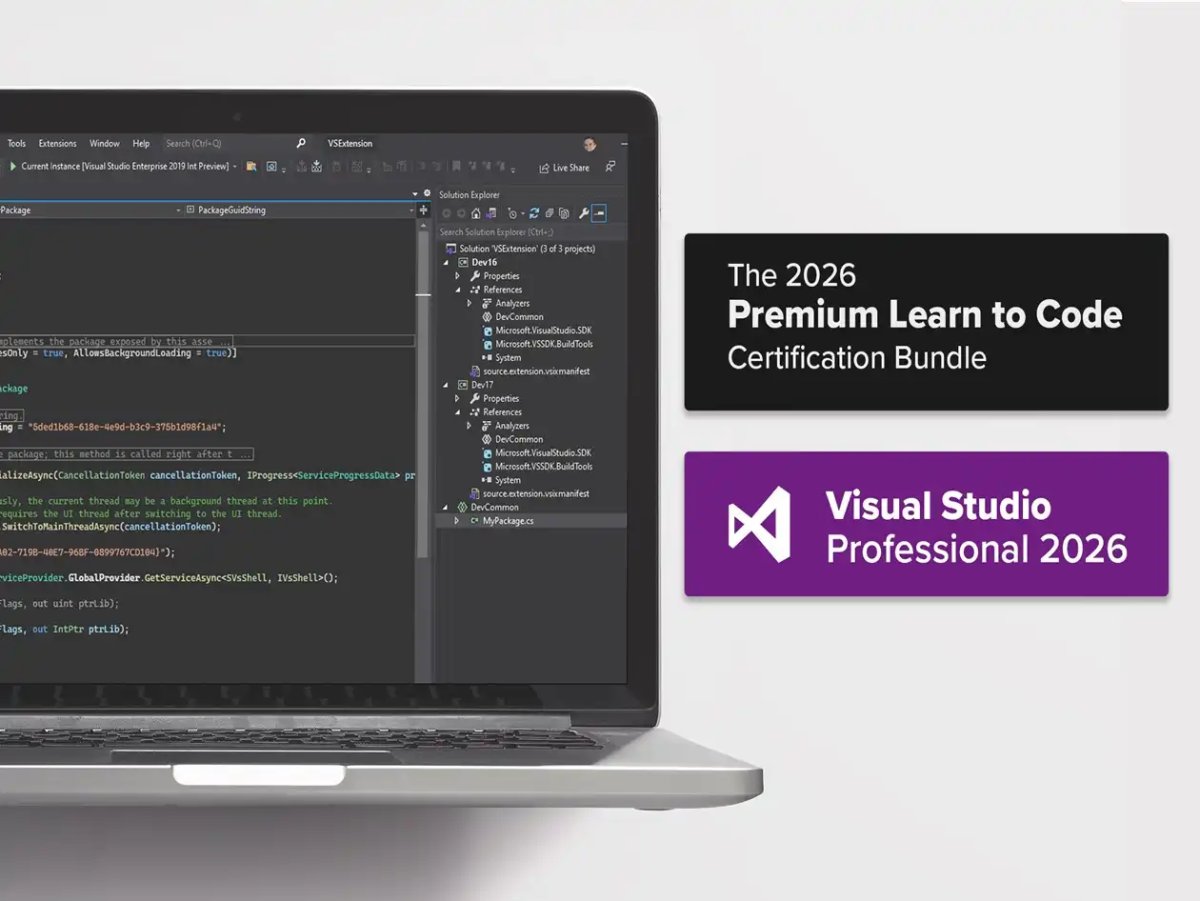 Visual Studio Professional 2026 bundle interface displays AI-assisted coding tools alongside the included course list.