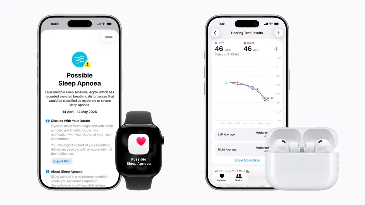 Apple Watch and AirPods Pro display hearing and sleep tracking features.