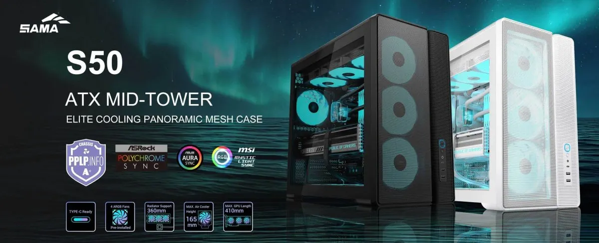 A front view of the SAMA S50 ATX mid-tower computer case showing its mesh ventilation panel and standard mounting points.