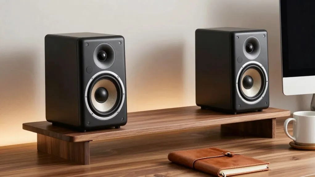 A pair of bookshelf speakers rests on a desk in a modern workspace.
