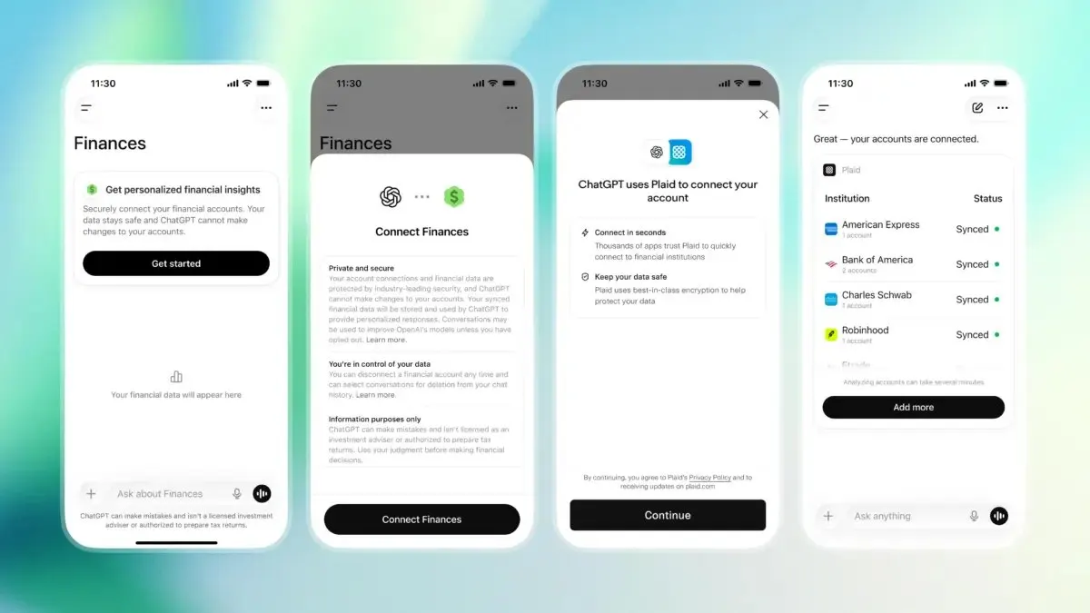 ChatGPT Pro interface displaying a personal finance dashboard with connected bank accounts and spending insights.