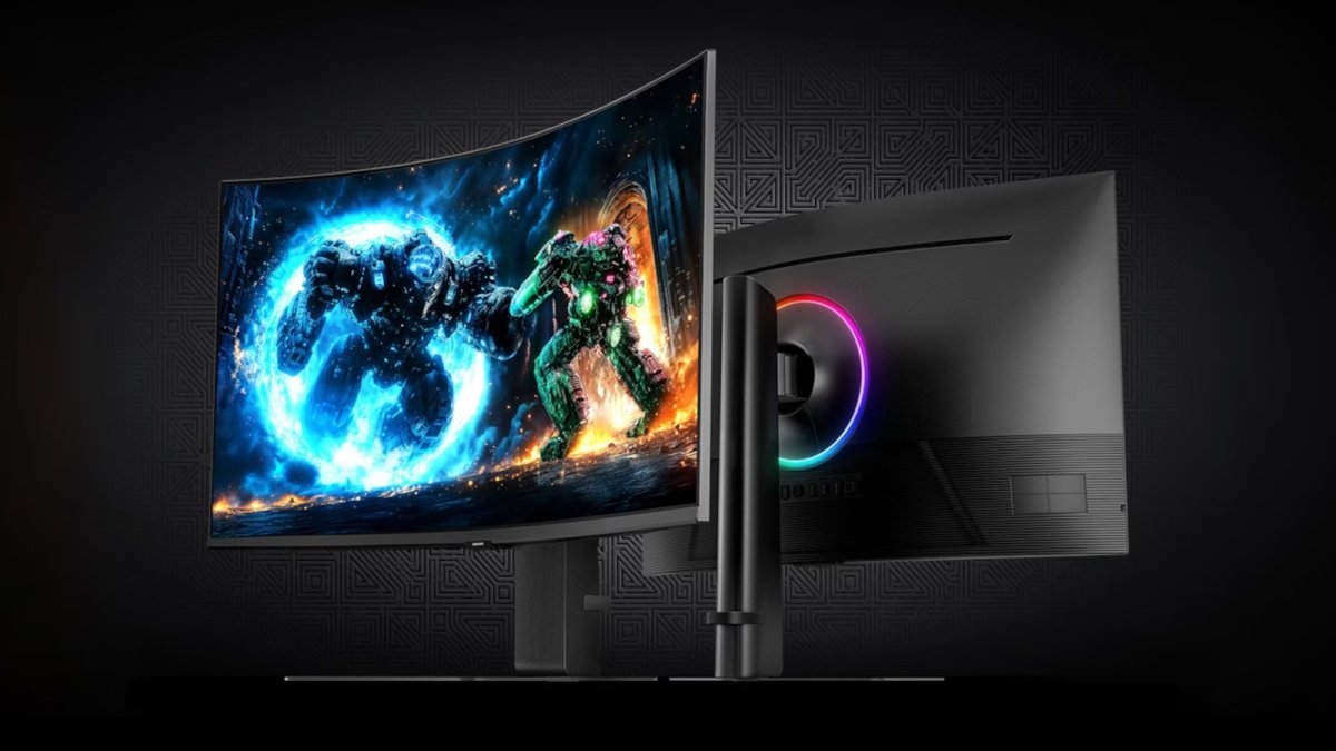 The Samsung Odyssey G75F 40-inch ultrawide monitor sits on a desk with a slim dark frame.
