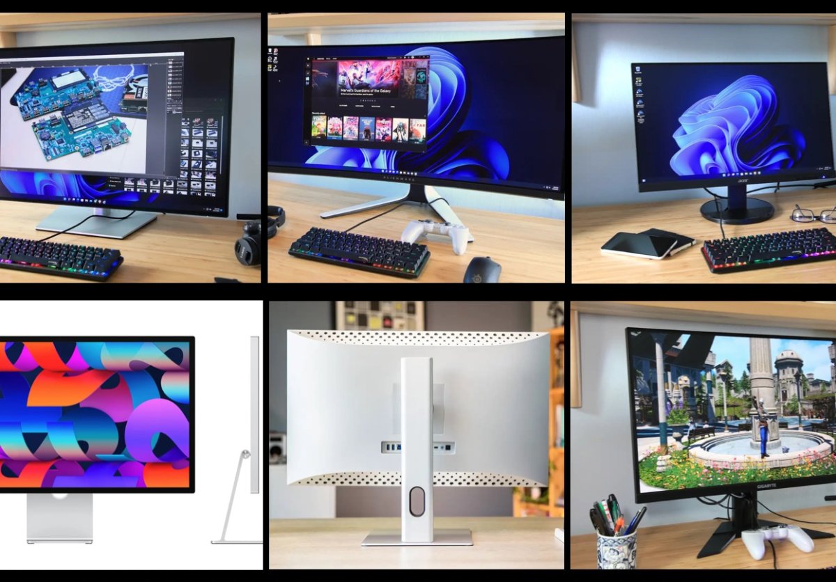 A Mac connected monitor displays color accuracy settings alongside visible connectivity ports.