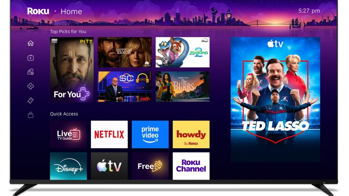 Roku home screen interface displays integrated advertising banners and sponsored content tiles within the layout.