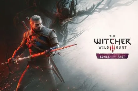 This graphic displays the official announcement banner for the Songs of the Past expansion of The Witcher 3.