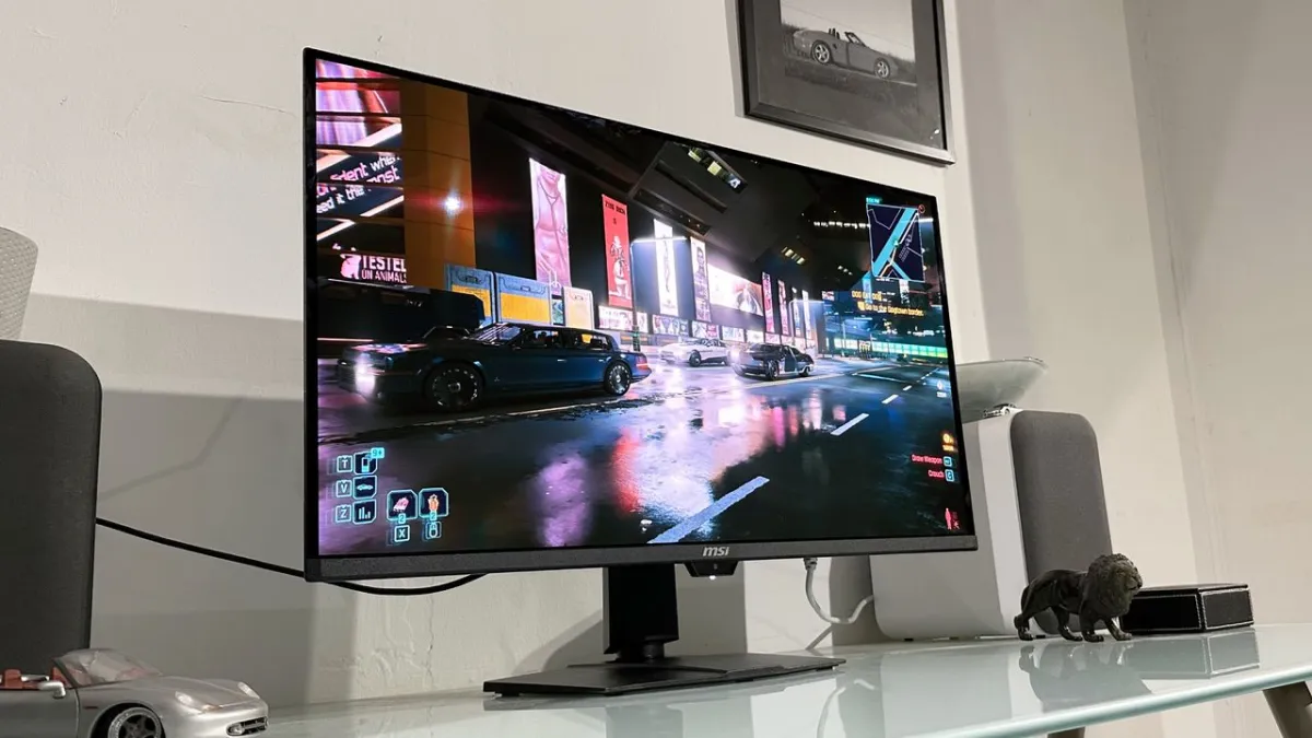The MSI MPG 322UR QD-OLED X24 monitor displays a vibrant gaming scene with high dynamic range colors.