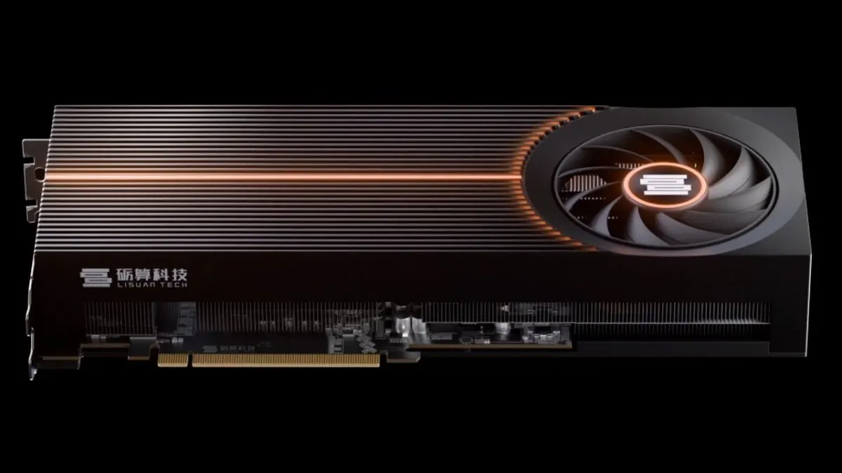 The Lisuan LX 7G100 graphics card sits beside benchmark charts comparing performance with Nvidia and Intel competitors.