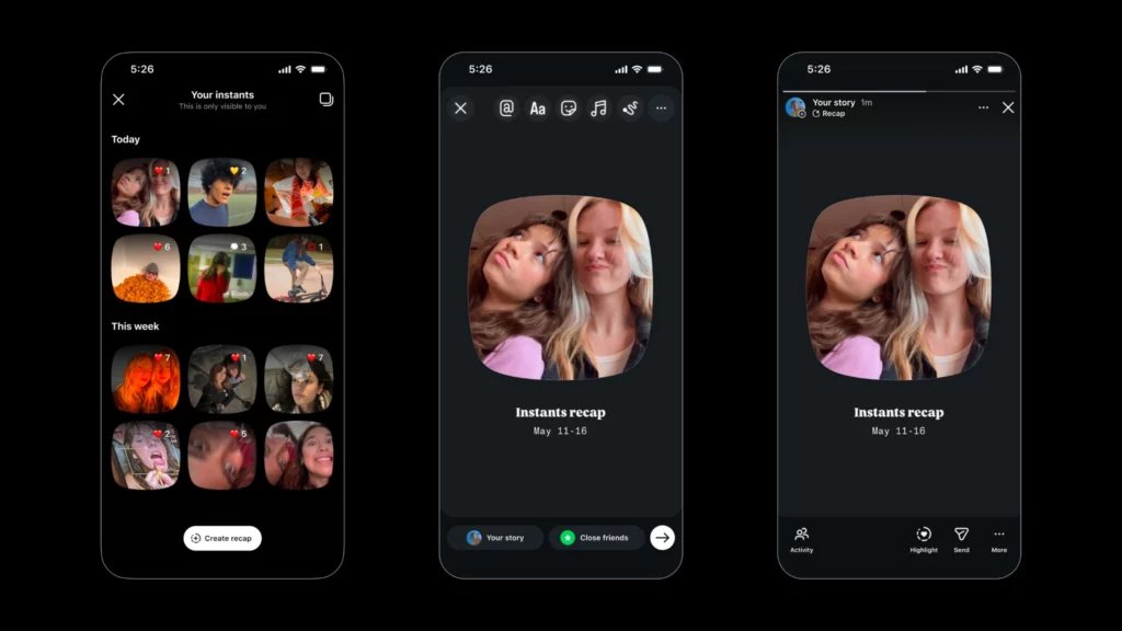 The Instagram Instants interface allows users to share unedited moments with a strict view-once policy.