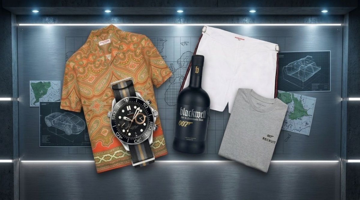 This display features a curated collection of vintage James Bond merchandise and collectible items.