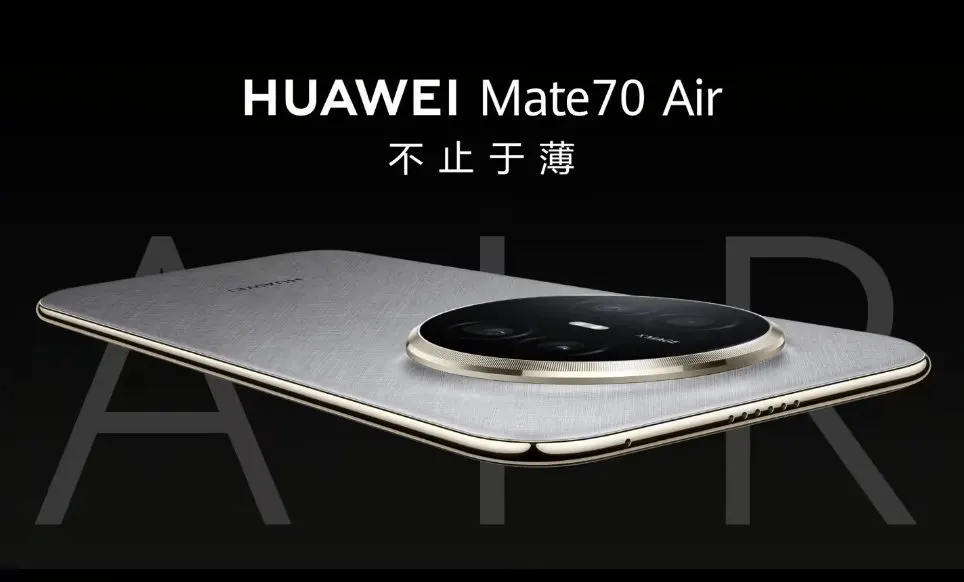 The Huawei Mate 70 Air smartphone is displayed to highlight its slim chassis and domestic processor.
