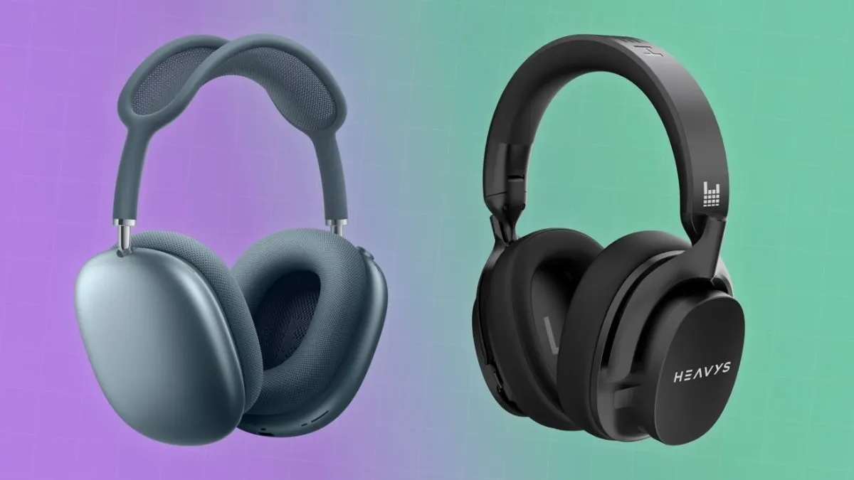AirPods Max 2 and Heavys H1H headphones are shown side by side for a heavy metal audio comparison.