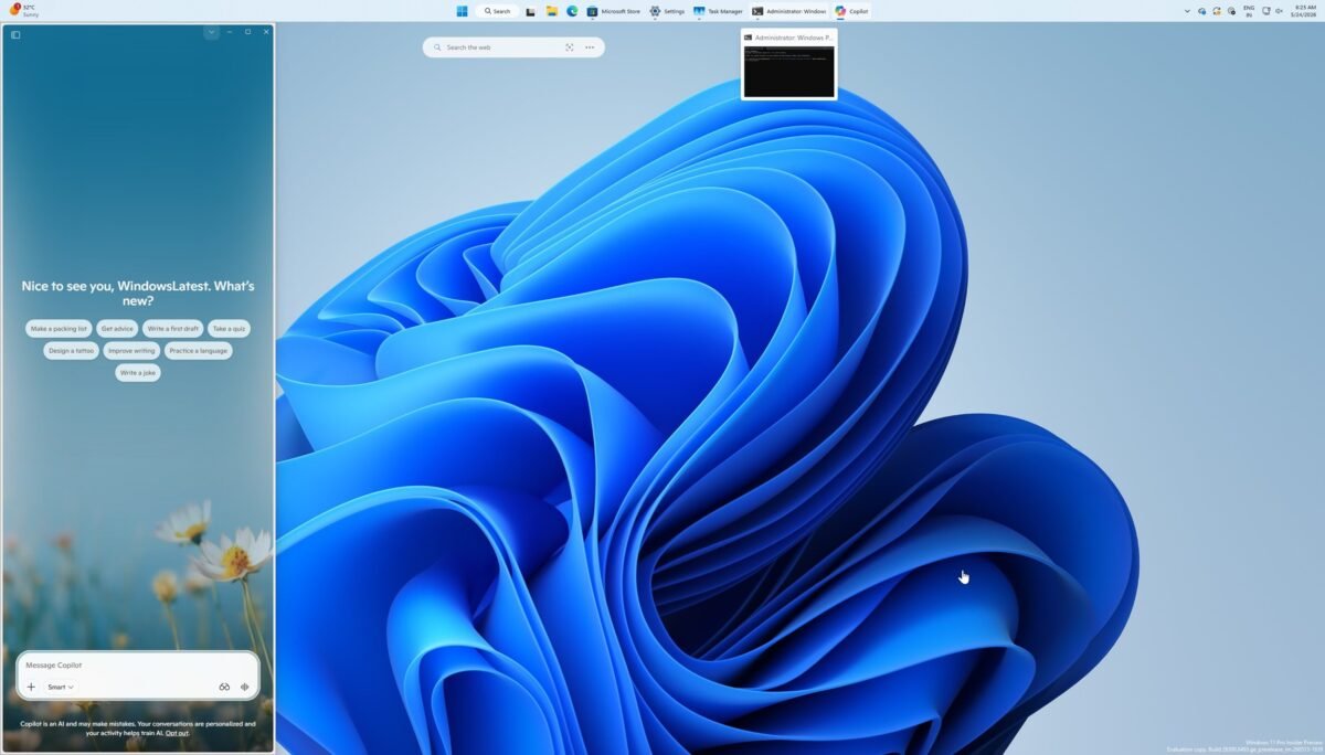 The Windows 11 Copilot app is docked to the side of the desktop with the screen resized to make room.