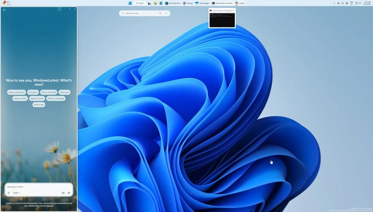 The Windows 11 Copilot app is docked to the side of the desktop with the screen resized to make room.
