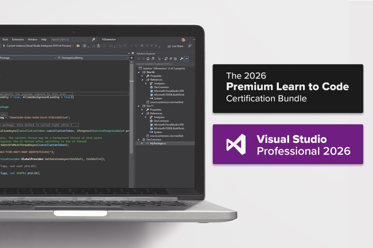 The Visual Studio Professional 2026 interface appears alongside structured learning pathway materials.