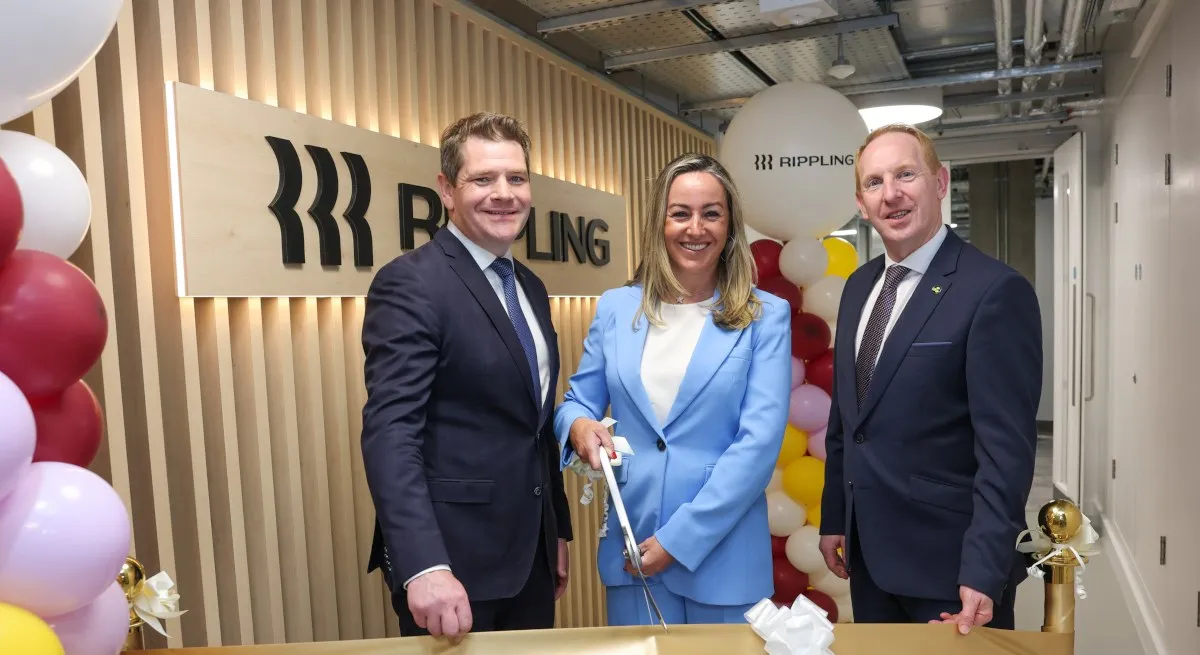 Rippling staff gather outside the Dublin office for a hiring announcement.