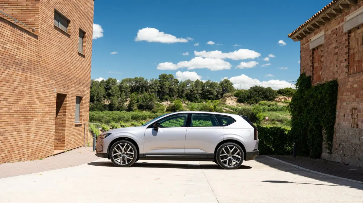 Front three-quarter exterior view of the 2027 Volvo EX60 electric SUV parked on a paved surface.