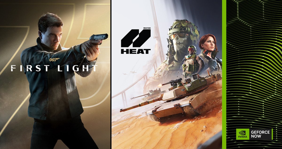 Promotional artwork for the James Bond game 007 First Light displayed with NVIDIA GeForce NOW branding.