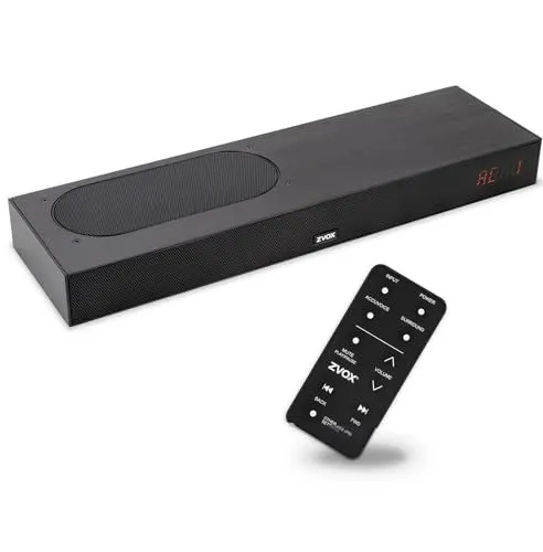 A modern soundbar rests on a media console to deliver clear dialogue playback.