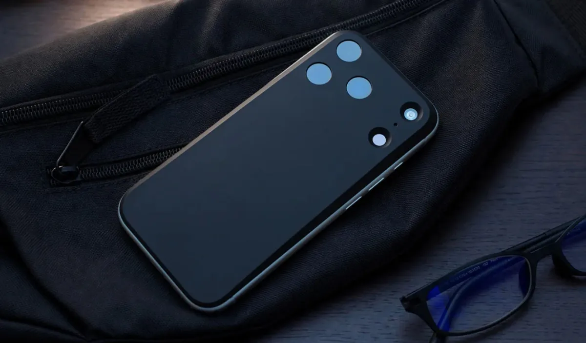 A flat magnetic polycarbonate backplate covers the rear camera module of an iPhone 17 Pro.