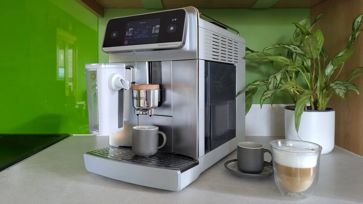 Philips Cafe Aromis 8000 Series automated espresso machine featuring dual milk carafes and app connectivity.