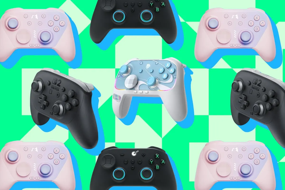 Third-party Nintendo Switch 2 gamepad showing analog sticks, D-pad, and action buttons for gaming.