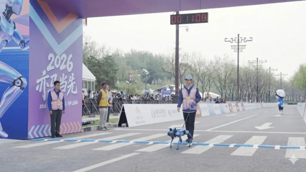 The quadruped robot Tutu walks on a paved path during the 2026 Beijing E-Town Humanoid Robot Half-Marathon.