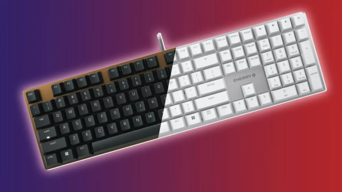 Cherry KC 200 MX full-sized mechanical keyboard featuring white backlighting and a minimalist layout.