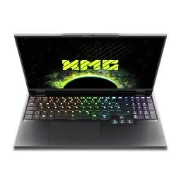 The XMG Neo 16 E25 laptop connects to an external Oasis water cooler for thermal management.