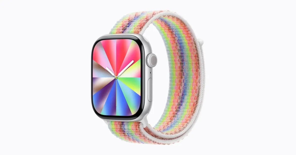Apple Pride Collection multi-colored Sport Loop band and watch face.