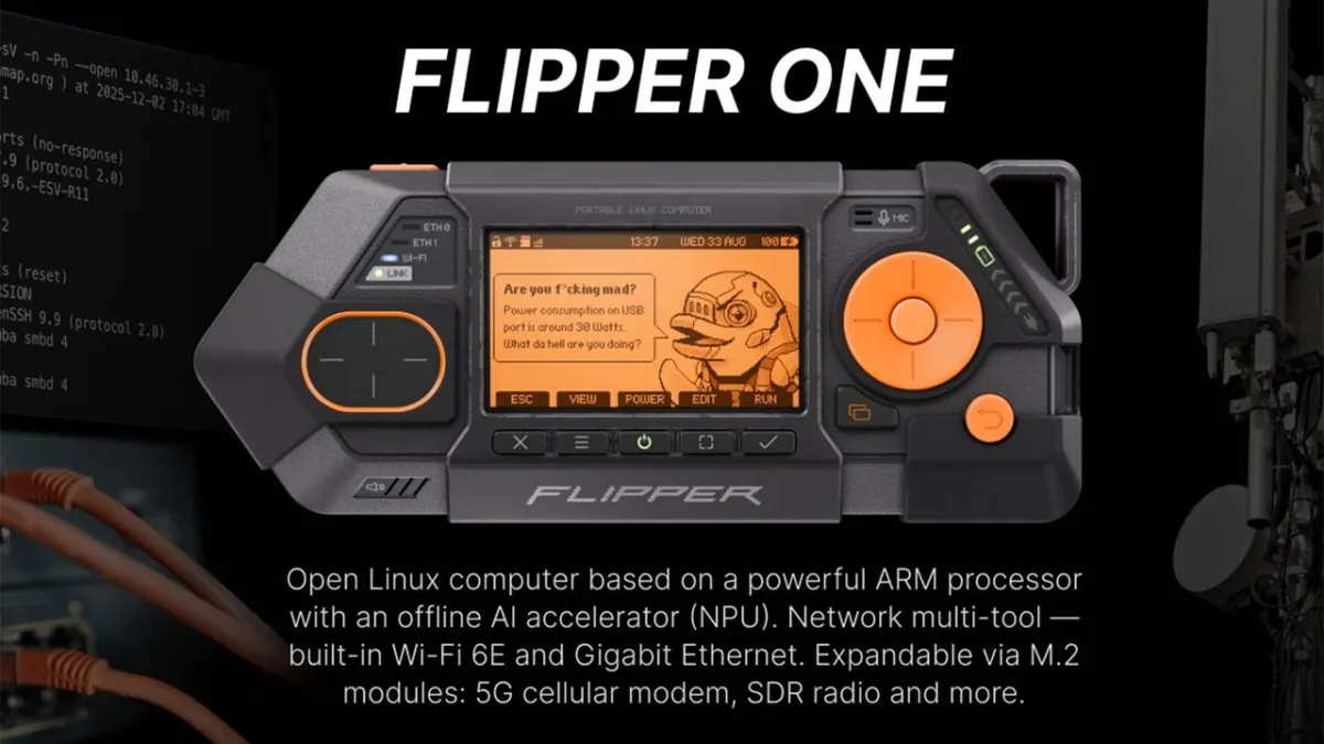 Flipper One pocketable computing multitool with modular expansion ports and open ARM Linux architecture