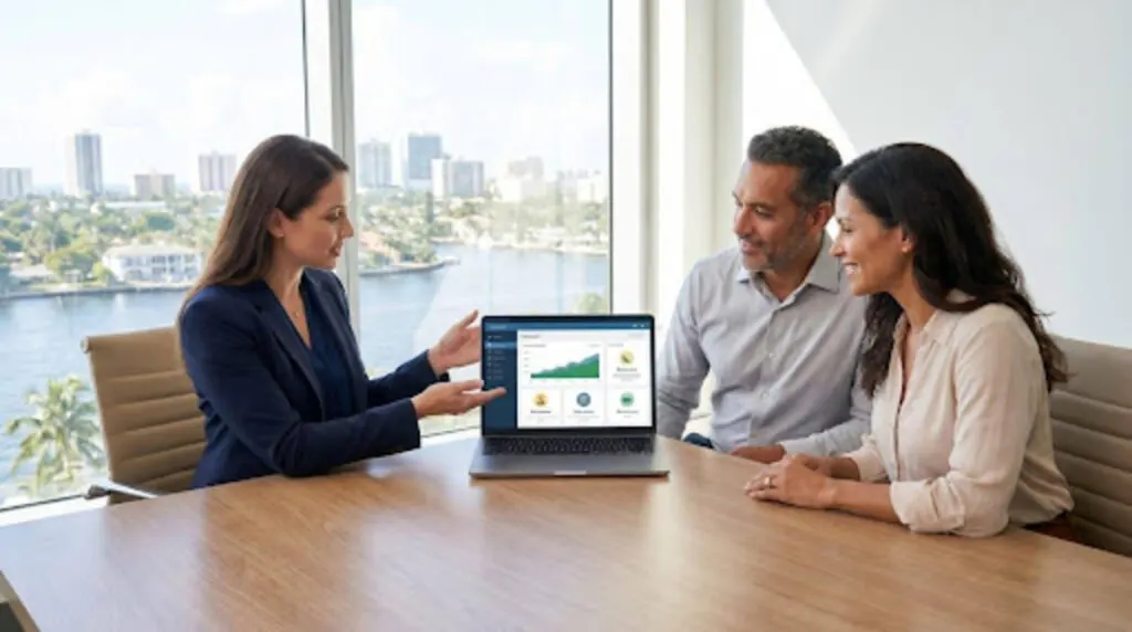 A financial advisor reviews fiduciary guidelines and transparent fee structures with a client.