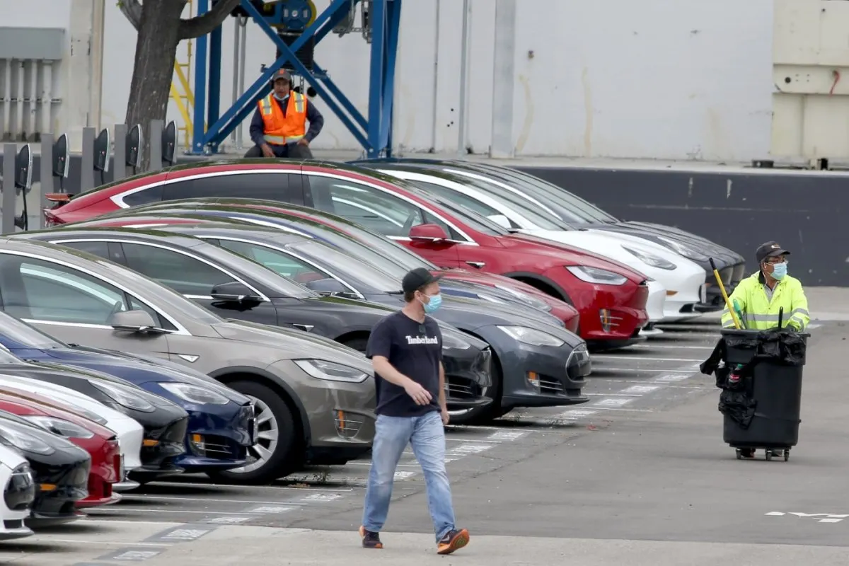 The Tesla Fremont factory exterior is shown during the late May production reopening.