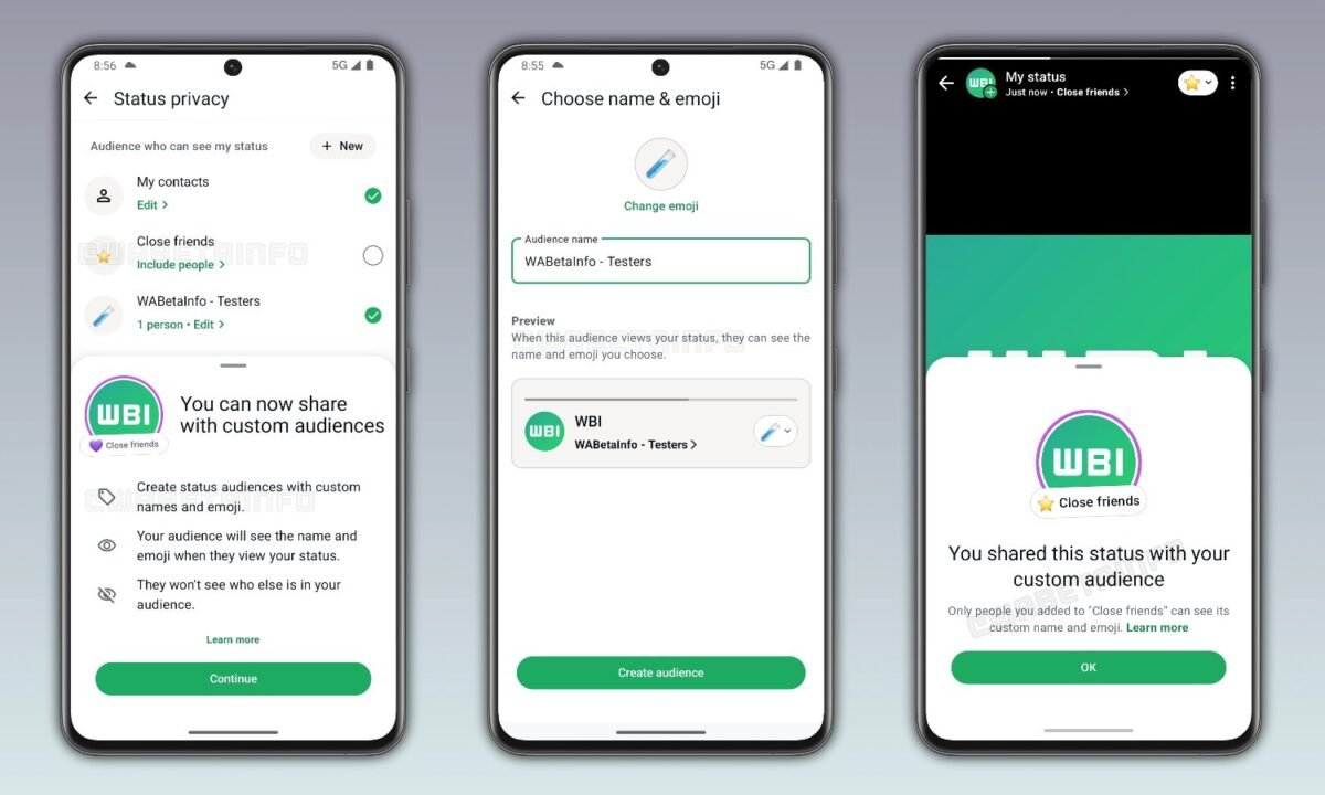WhatsApp status visibility lists feature allowing users to select custom contact groups for viewing updates on iOS and And...