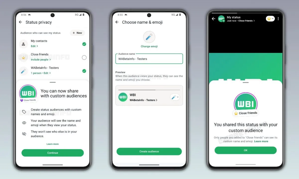 WhatsApp status visibility lists feature allowing users to select custom contact groups for viewing updates on iOS and And...