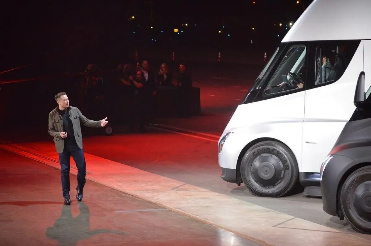 A Tesla heavy-duty electric truck undergoes final assembly at the Nevada manufacturing facility.