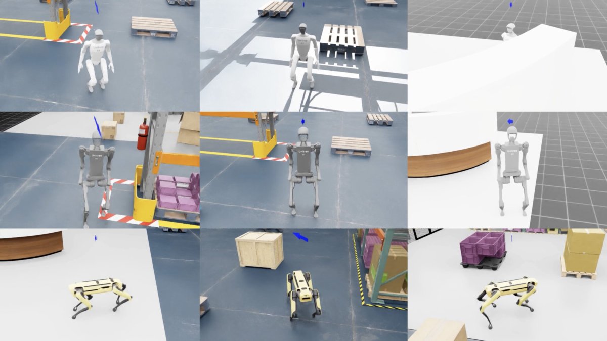 A robot navigates a physical environment while processing simulation data for autonomous decision making.