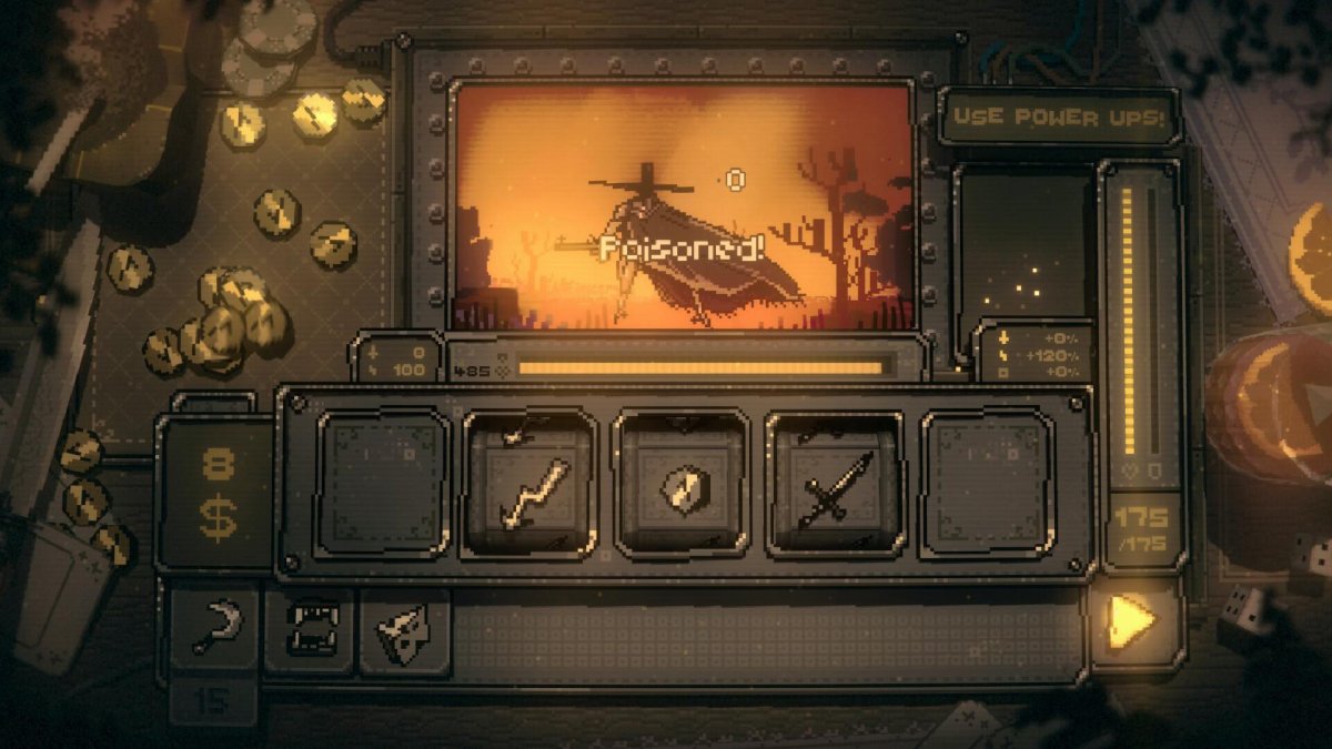 The screenshot shows a slot machine interface interacting with fantasy combat mechanics and a poker chip economy.