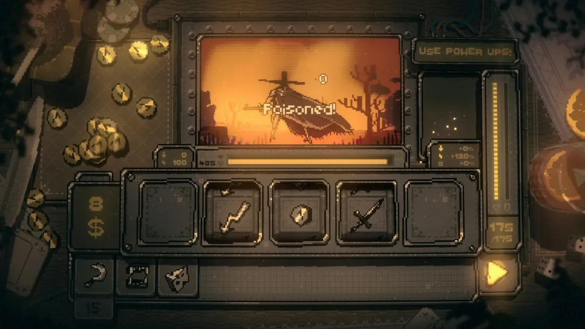 The screenshot shows a slot machine interface interacting with fantasy combat mechanics and a poker chip economy.