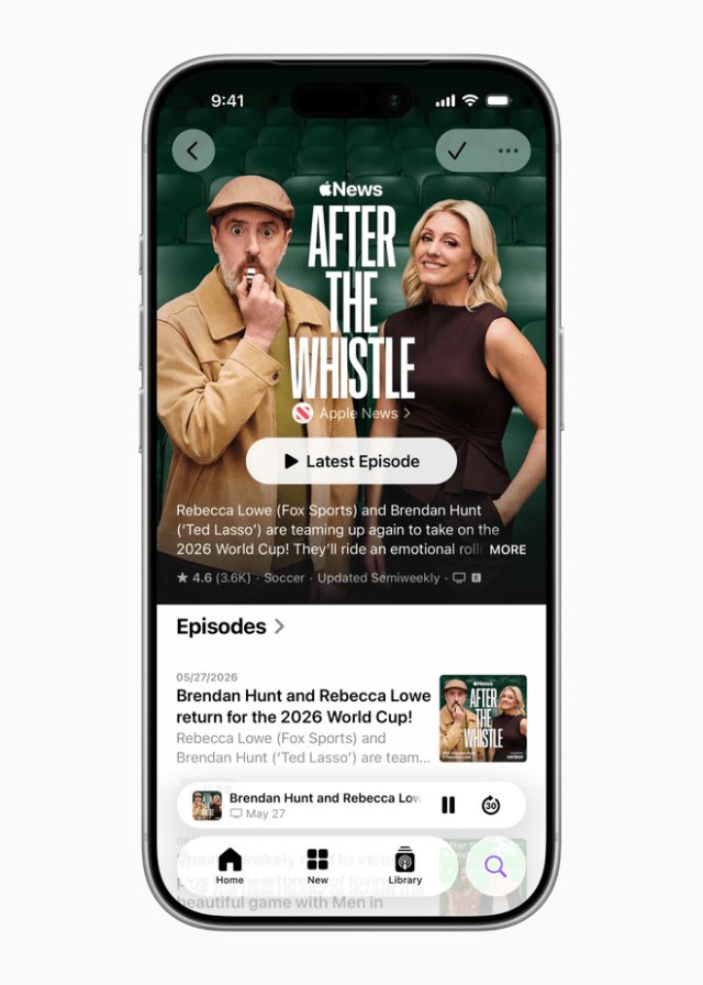 Promotional artwork for the After the Whistle podcast features hosts Brendan Hunt and Rebecca Lowe.