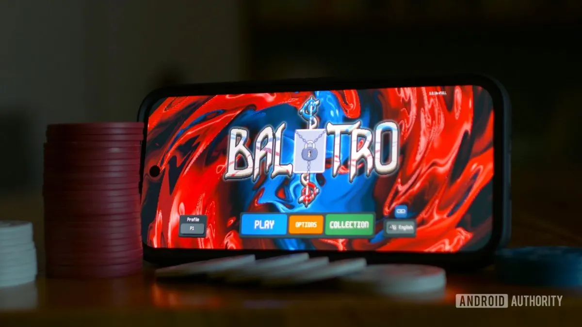 This screenshot displays Balatro mobile gameplay featuring poker card mechanics and roguelite deck building.