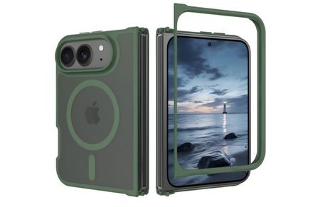 Transparent case reveals book-style fold, dual camera layout, and MagSafe alignment for Apple's foldable iPhone.