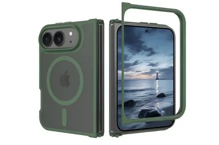 Transparent case reveals book-style fold, dual camera layout, and MagSafe alignment for Apple's foldable iPhone.